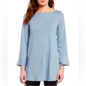 Eileen Fisher Blue Haze Boat Neck Bell Cuff Tencel Knit Tunic Top Size Large